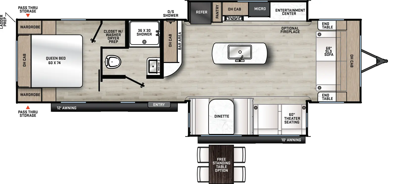 The 28FDS has two slideouts and one entry. Exterior features rear pass-thru storage, ladder prep, outside shower, 12 foot awning, and 10 foot awning. Interior layout front to back: SLS sofa with overhead cabinet and end tables on each side; off-door side slideout with entertainment center with optional fireplace, kitchen counter, microwave, cooktop, overhead cabinet, pantry, and refrigerator; kitchen island with sink; door side slideout with theater seating and dinette (optional free-standing dinette); bar area with overhead cabinet along inner wall; off-door side full bathroom with medicine cabinet; door side entry; rear bedroom with off-door side closet with washer/dryer prep, and rear front-facing queen bed with overhead cabinet and wardrobes on each side.